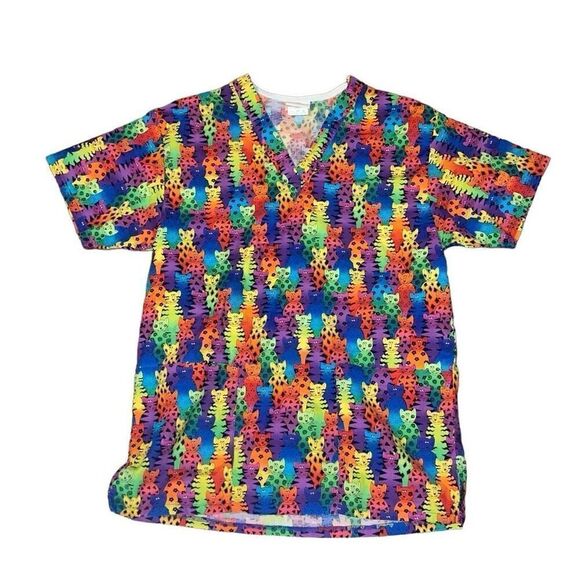 Vtg Peaches Size XS 100% Cotton All Over Rainbow Cat Print Vet Medical Scrub Top - Picture 1 of 4